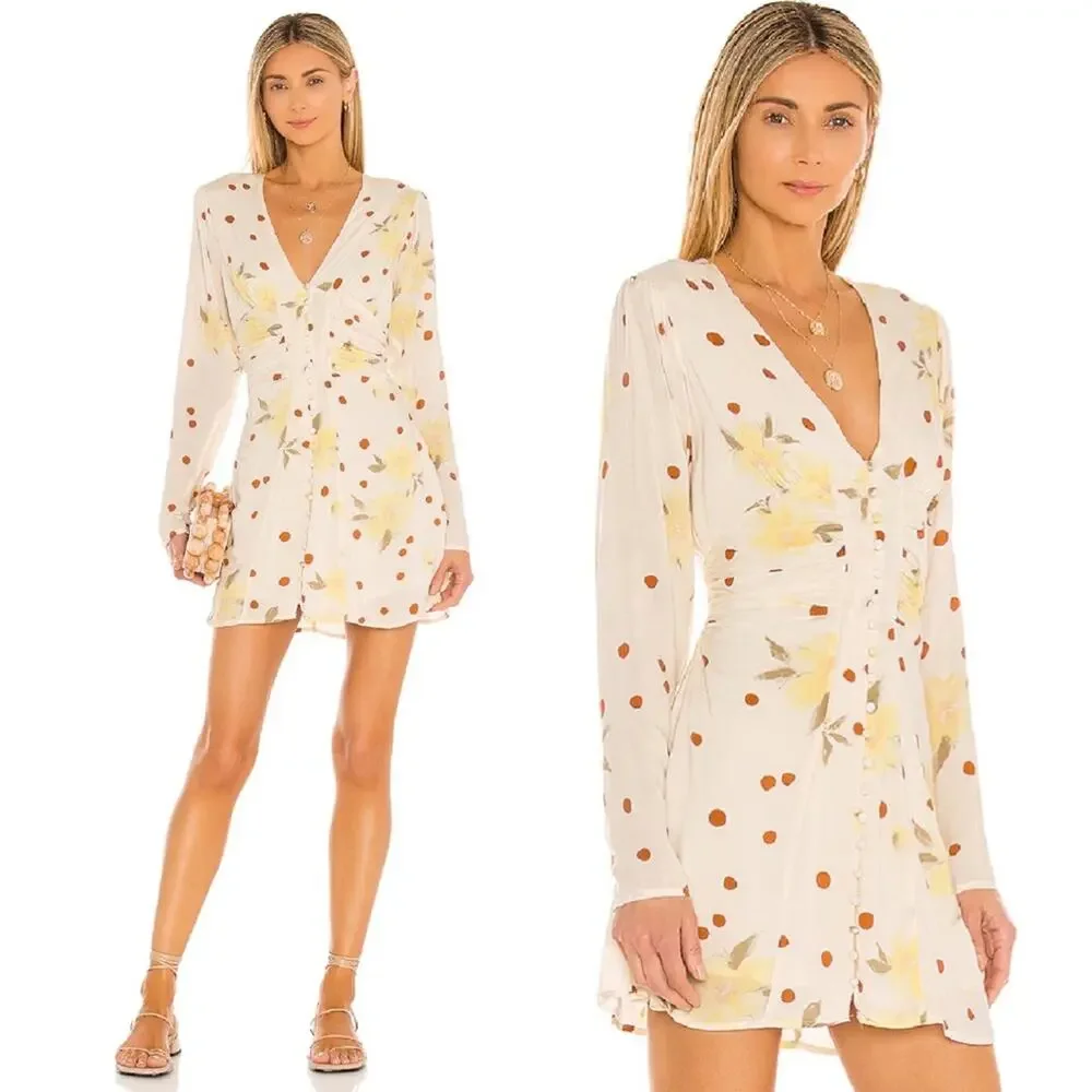 FREE PEOPLE Date Night Mini Dress Sunshine Combo Floral Yellow Red Buttons XS